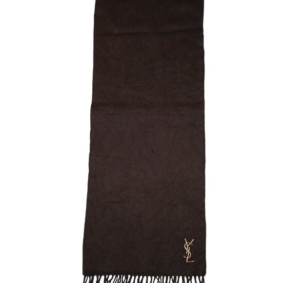 Yves Saint Laurent YSL Brown Tan Embroidered Wool Fringed Scarf Pre-Owned - Picture 3 of 8